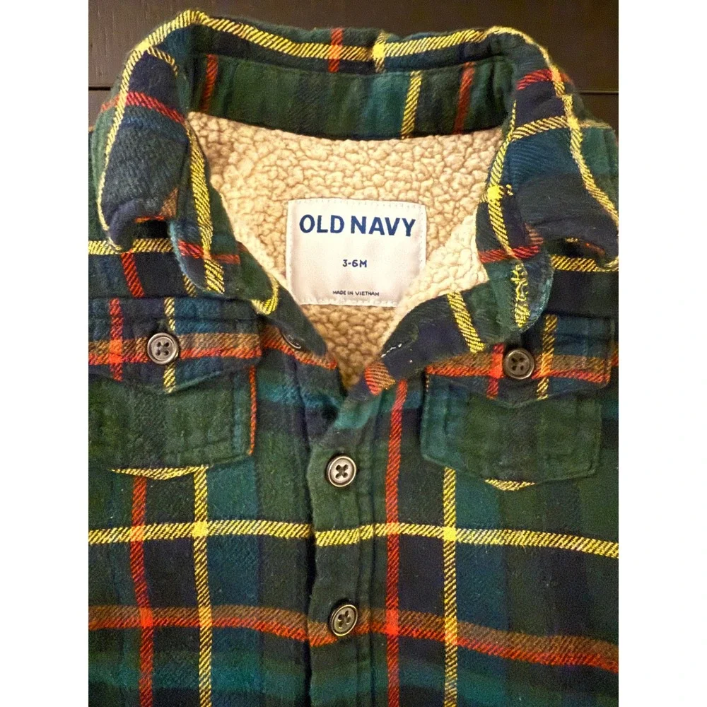 Old Navy Baby Flannel Sherpa-Lined Shirt Jacket 3-6 mths Green Plaid‎ Shacket